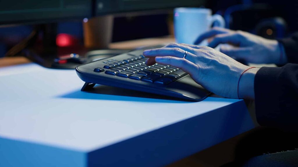 Cybercriminal breaching security systems while hiding in secret HQ, close up