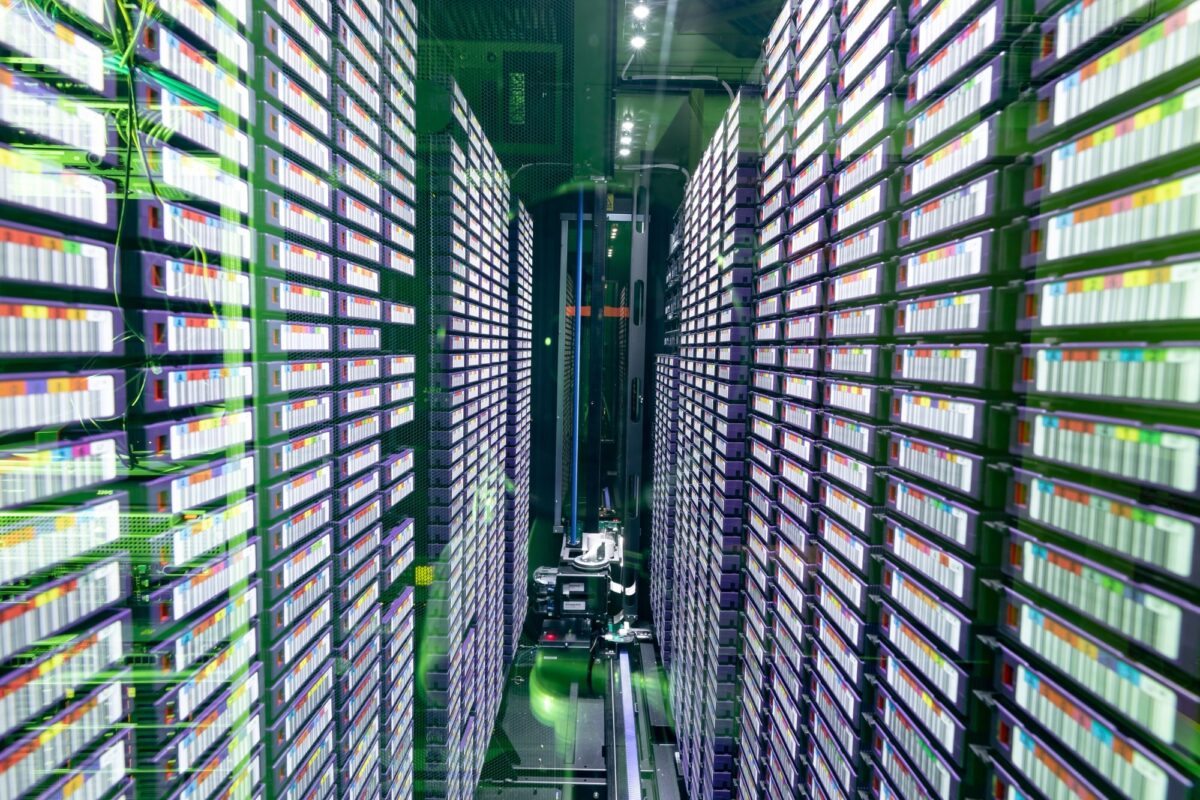 Data center with multiple rows of fully operational server racks
