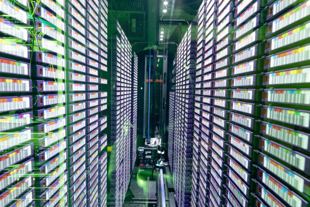 Data center with multiple rows of fully operational server racks