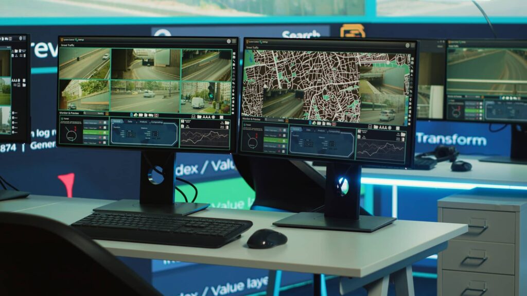 Empty agency office works on traffic surveillance with CCTV security system