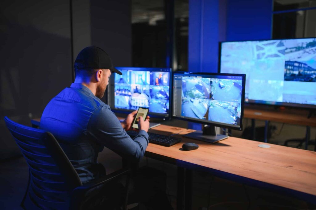 Rear view of security system operator looking at CCTV footage at desk in office