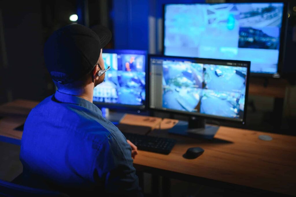 Security operator controls CCTV cameras in office at night. Modern security system