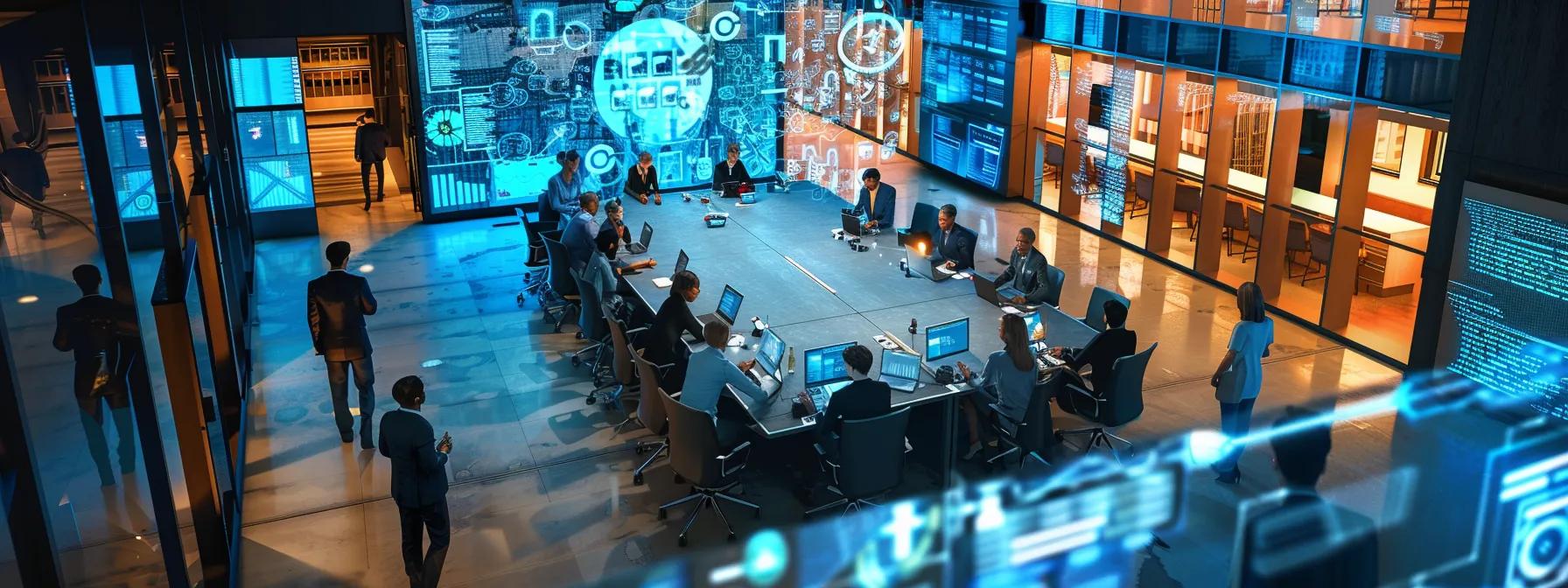 a bustling modern office features a diverse team of it professionals collaborating around a sleek conference table, with vibrant digital screens displaying cybersecurity analytics and cloud infrastructure, creating an atmosphere of dynamic teamwork and strategic planning.