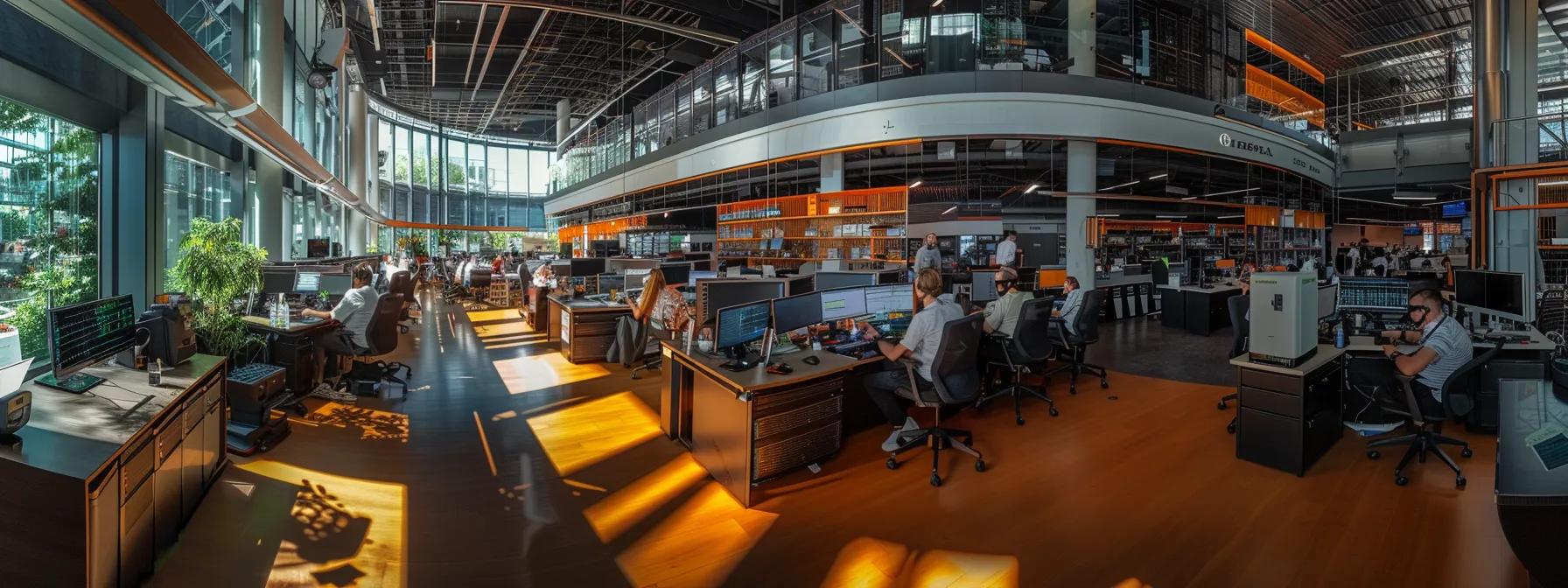a bustling modern office filled with it professionals collaborating over sleek servers and advanced technology, showcasing a vibrant atmosphere of innovation and efficiency in outsourcing it services.