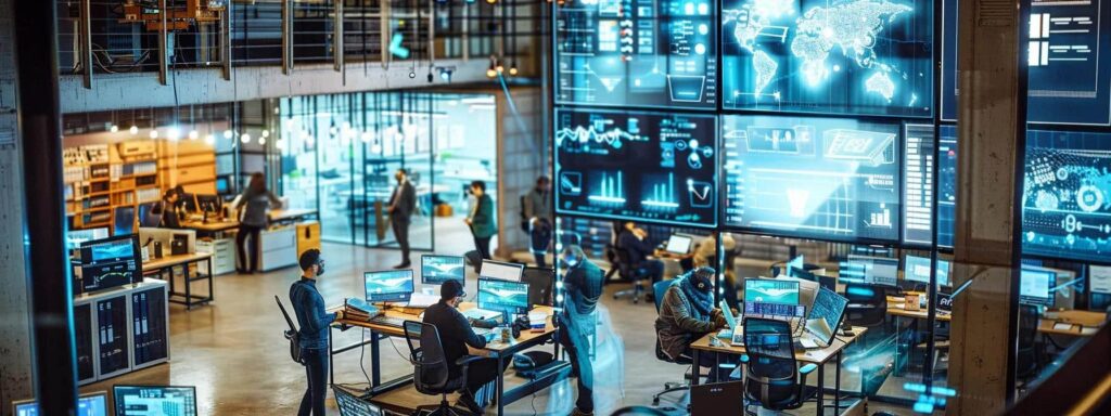 a bustling, modern office space showcases a diverse team of it professionals collaborating around sleek high-tech servers, with vibrant digital displays illustrating the comparison between local and national it support services.