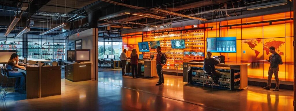 a dynamic and modern office setting showcases a diverse team of it professionals collaboratively discussing cybersecurity solutions, surrounded by sleek servers and advanced technology displays, all illuminated by vibrant, focused lighting.