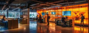 a dynamic and modern office setting showcases a diverse team of it professionals collaboratively discussing cybersecurity solutions, surrounded by sleek servers and advanced technology displays, all illuminated by vibrant, focused lighting.