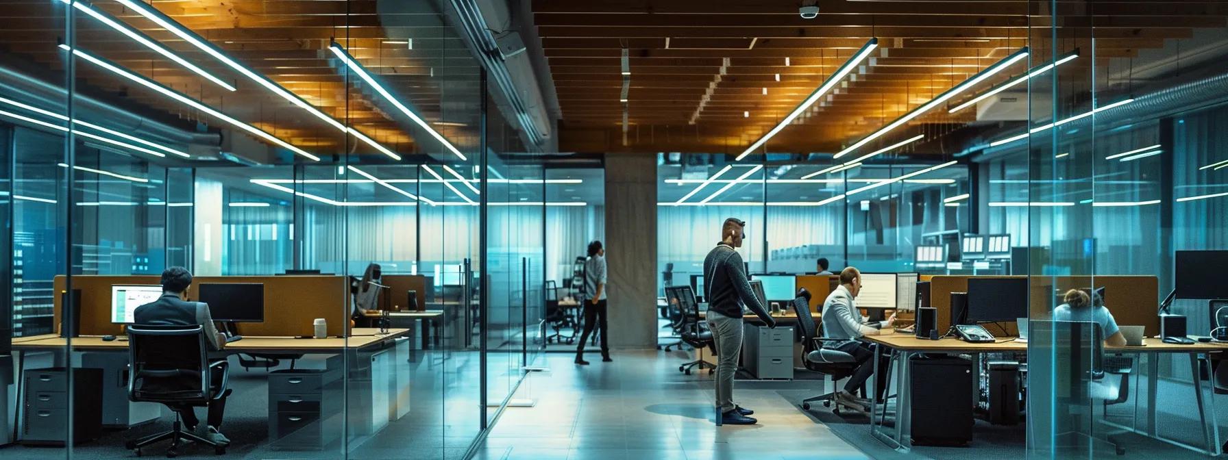a dynamic office environment showcases a team of technical specialists collaborating next to advanced server racks, illuminated by sharp overhead lights, as they troubleshoot and optimize it systems to enhance operational efficiency.