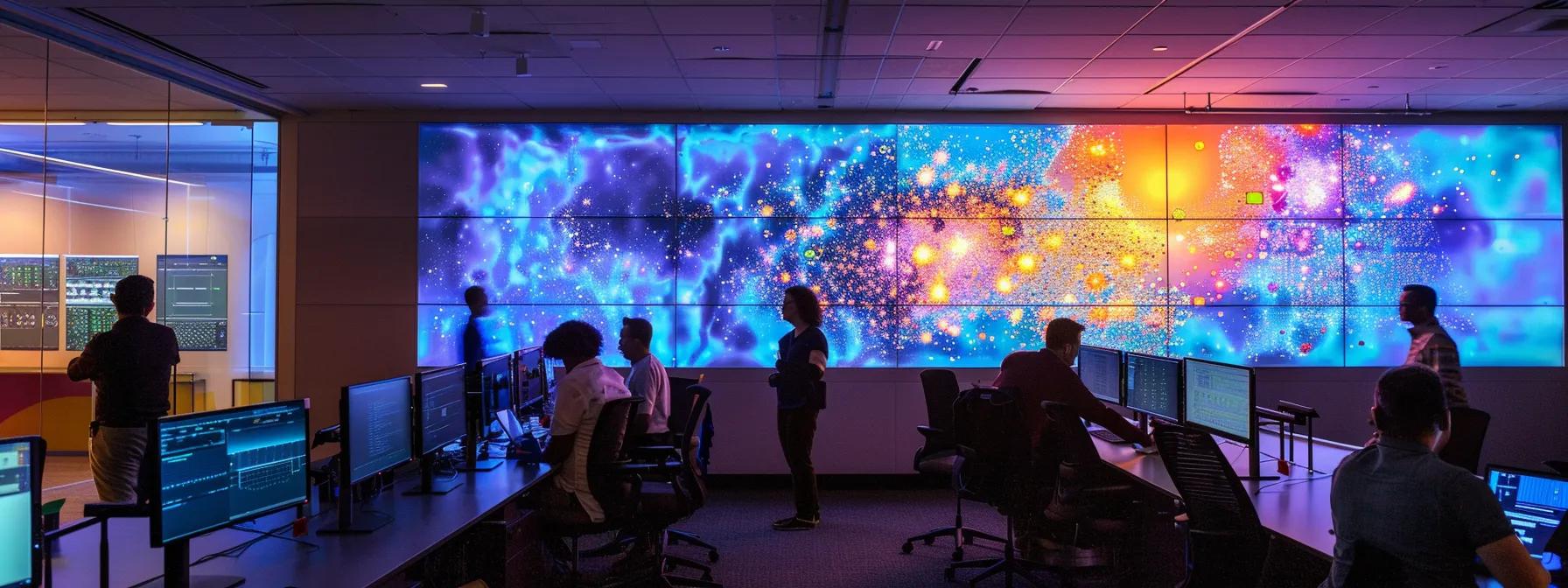a dynamic office environment displays a focused team of it professionals collaboratively analyzing complex data on sleek monitors and discussing strategies, symbolizing the transformative impact of it outsourcing on business innovation and growth.