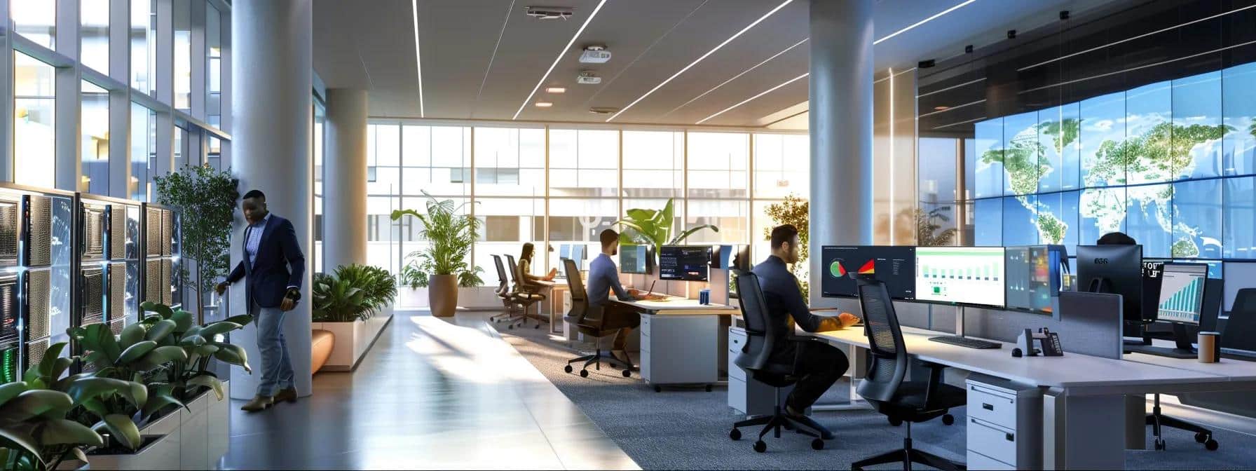 a dynamic office environment showcases a diverse team of it professionals collaborating around sleek, modern servers, as digital security charts and industry compliance guidelines are prominently displayed on large screens, emphasizing the critical importance of adhering to cybersecurity regulations.