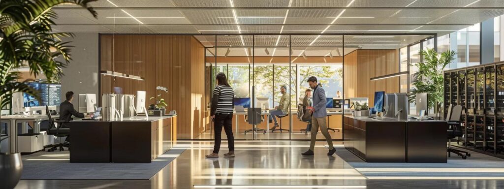 a dynamic office environment showcases it professionals engaged in animated discussion around an array of sleek, high-tech servers, illustrating the concept of scalability through collaborative managed services.