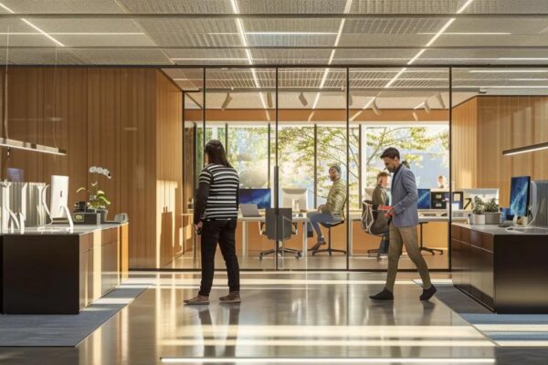 a dynamic office environment showcases it professionals engaged in animated discussion around an array of sleek, high-tech servers, illustrating the concept of scalability through collaborative managed services.