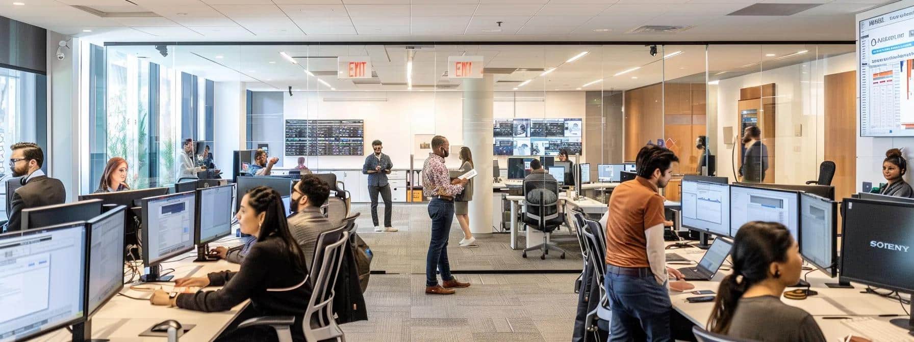 a dynamic office environment featuring diverse it professionals collaborating around sleek servers, surrounded by screens displaying cybersecurity analytics and compliance metrics, emphasizing the importance of proactive measures in data protection.