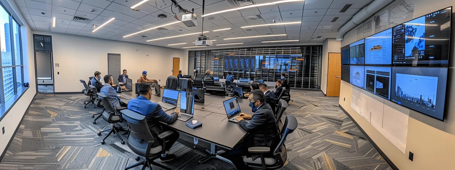 a dynamic office environment showcases it professionals collaborating intently around a sleek conference table, surrounded by advanced server racks and digital displays, as they strategize on implementing robust cybersecurity measures to safeguard against cyber threats.