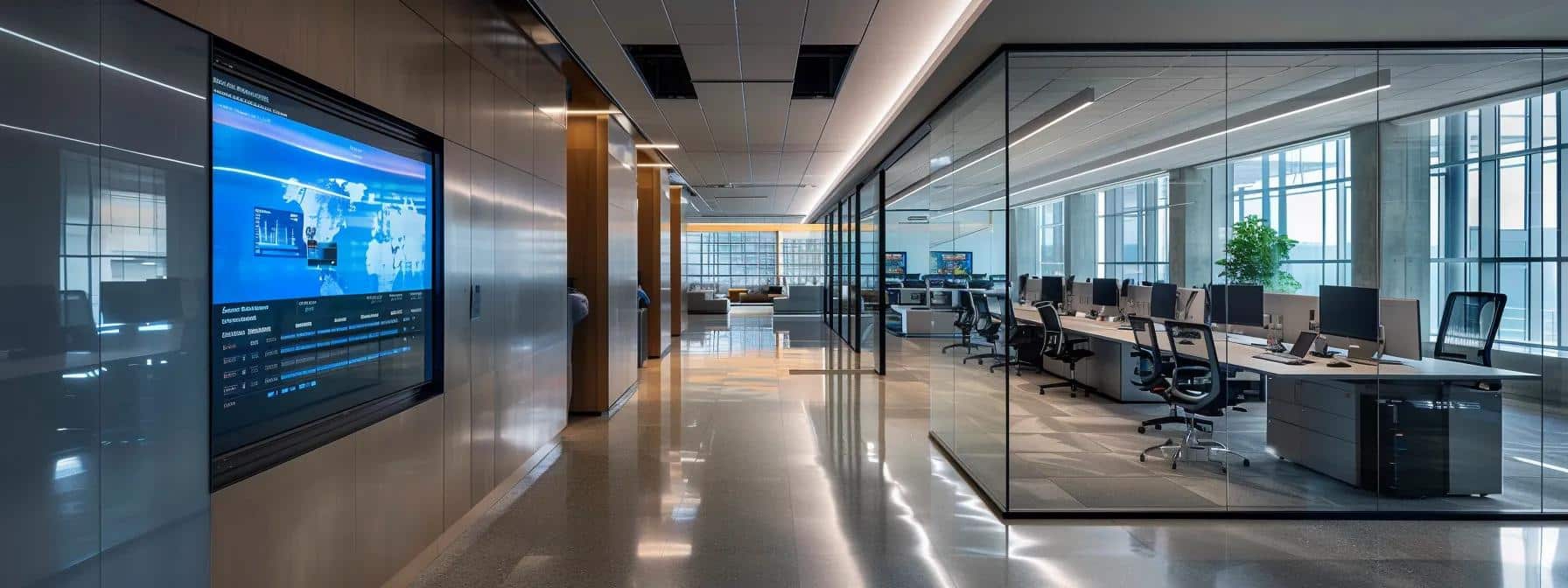 a dynamic office environment showcases it professionals collaborating around sleek, modern servers, with digital screens displaying security protocols and system analytics, emphasizing the efficiency and innovative solutions offered by managed it services.