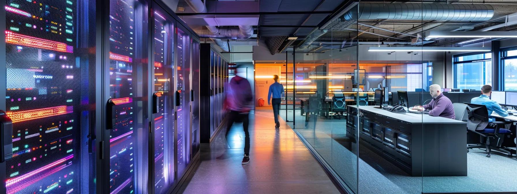 a dynamic office environment showcasing it professionals collaborating around advanced server racks, illuminated by cool, artificial lighting, emphasizes streamlined workflows and enhanced security measures in a high-tech setting.