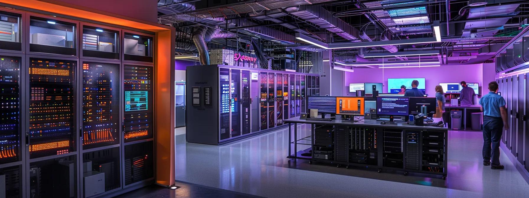 a dynamic office environment showcases it professionals engaged in collaboration around sleek servers, emphasizing the importance of advanced cybersecurity solutions that enhance operational efficiency and customer trust in a vibrant, modern setting.