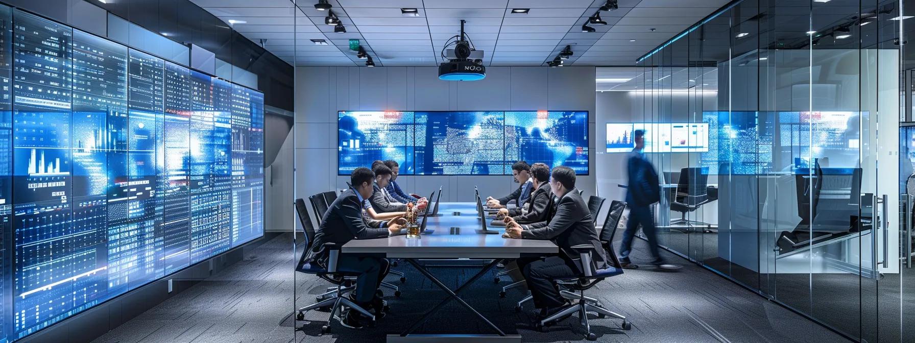 a dynamic office scene showcases a diverse team of it professionals engaged in a collaborative discussion around a sleek conference table, with high-tech servers and digital displays illuminating the backdrop, symbolizing the alignment of technology needs and proactive support for business growth.