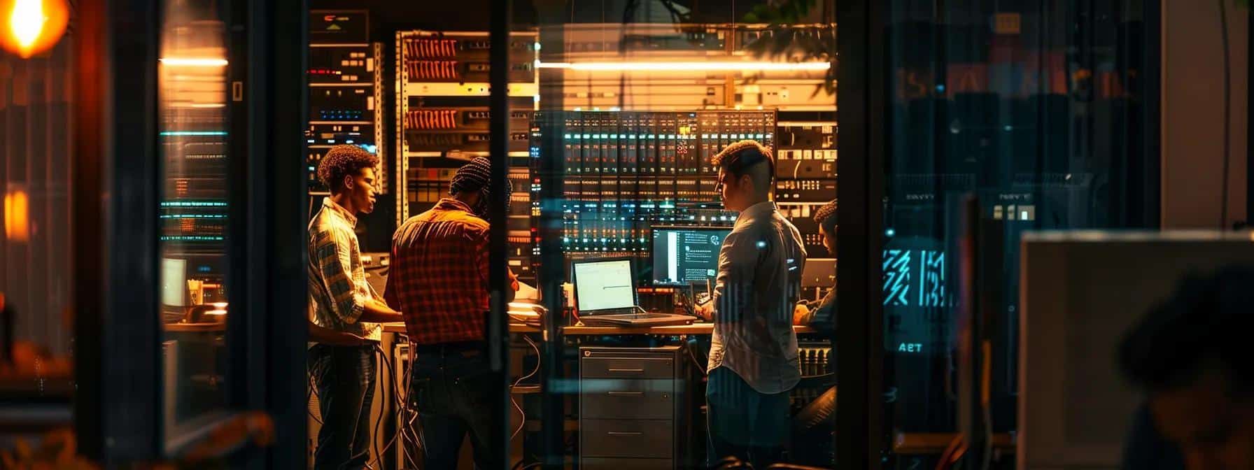 a dynamic office scene showcasing a diverse team of it professionals collaborating around high-tech servers, illuminated by soft ambient lighting, as they strategize on enhancing cybersecurity compliance for small businesses in a digital environment.