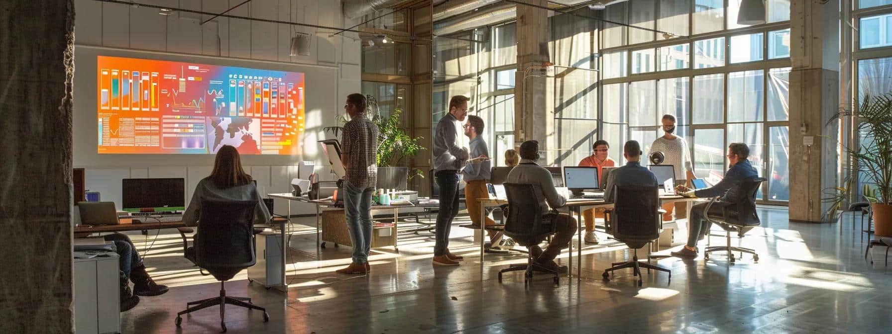 a dynamic office setting showcases a diverse team of it professionals confidently collaborating around high-tech servers, with colorful data visualizations and charts projected on a digital screen, symbolizing the strategic benefits of outsourced it services.