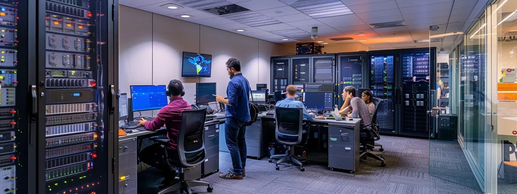 a dynamic office setting showcases it professionals engaged in collaborative discussions around high-tech servers, emphasizing the strategic evaluation of pricing models influenced by competitive market dynamics.