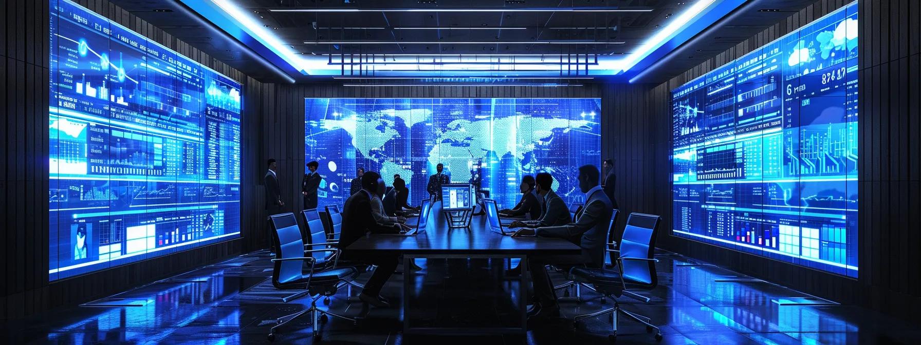 a dynamic office setting showcasing a diverse team of it professionals collaborating around a sleek conference table adorned with digital devices, charts, and a large monitor displaying cybersecurity metrics and cloud management statistics, emphasizing the critical components of managed it solutions.