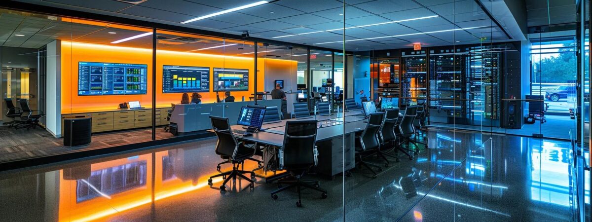 a dynamic office space showcases it professionals engaged in a collaborative meeting around a sleek conference table, with high-tech servers and digital displays illuminating the room, emphasizing strategic discussions on choosing a managed service partner effectively.