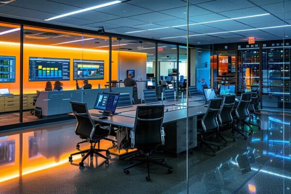 a dynamic office space showcases it professionals engaged in a collaborative meeting around a sleek conference table, with high-tech servers and digital displays illuminating the room, emphasizing strategic discussions on choosing a managed service partner effectively.