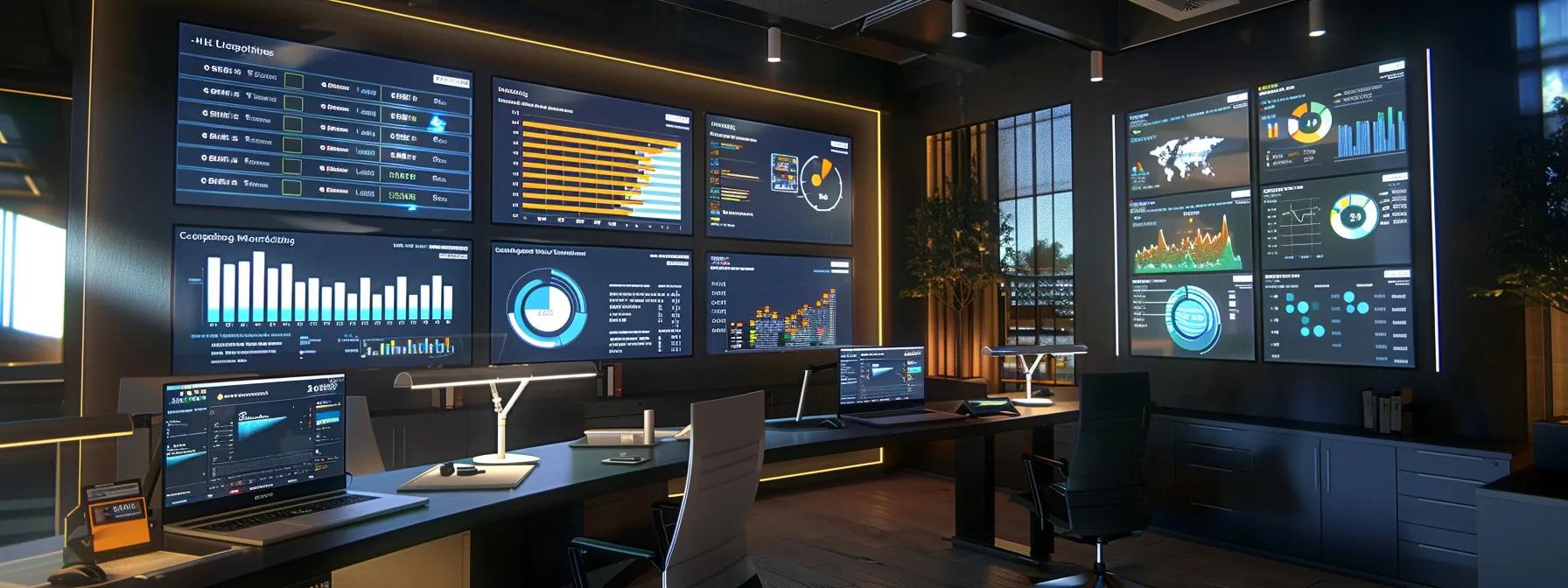 a dynamic office workspace showcases it professionals collaboratively analyzing performance metrics on multiple screens filled with data visualizations, while a server rack looms in the background, symbolizing the efficiency and security of managed it services.