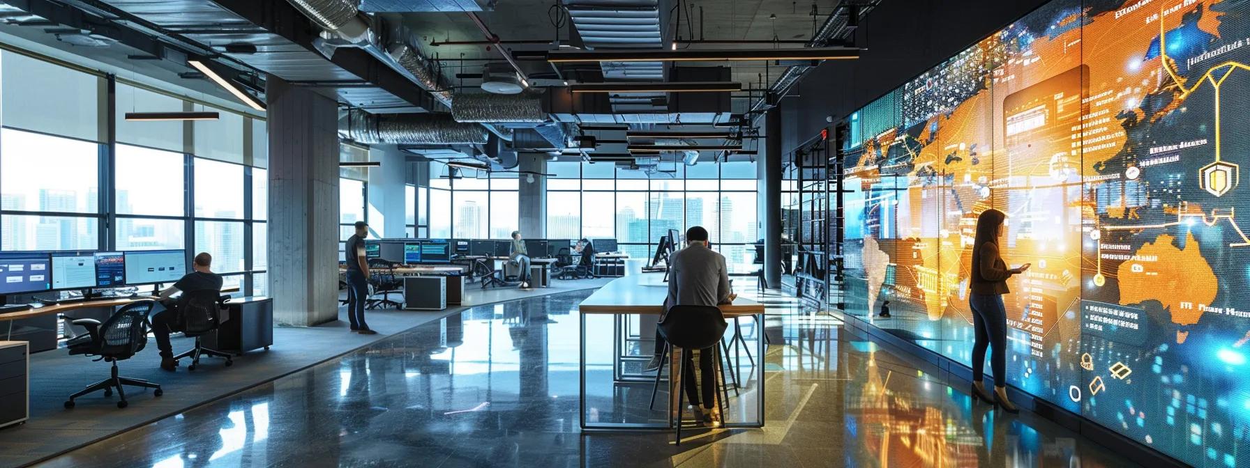 a dynamic urban office environment showcases a diverse team of it professionals collaborating around digital screens and data servers, embodying strategic growth and innovation in managed it services.