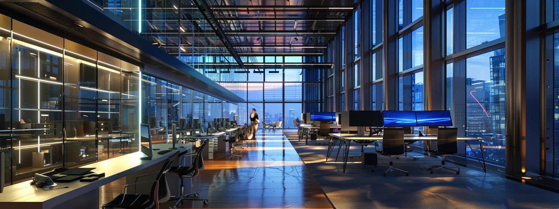 a dynamic urban office filled with it professionals engaged in collaborative discussions around sleek servers and advanced monitoring technology, emphasizing the integration of cybersecurity solutions and operational efficiencies.