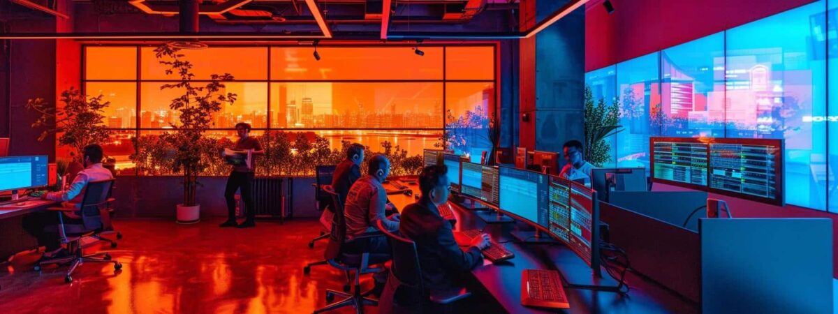 a focused group of it professionals collaborates in a sleek, modern office, surrounded by glowing servers, as they analyze cybersecurity threats and strategize solutions, illuminated by soft, ambient lighting.