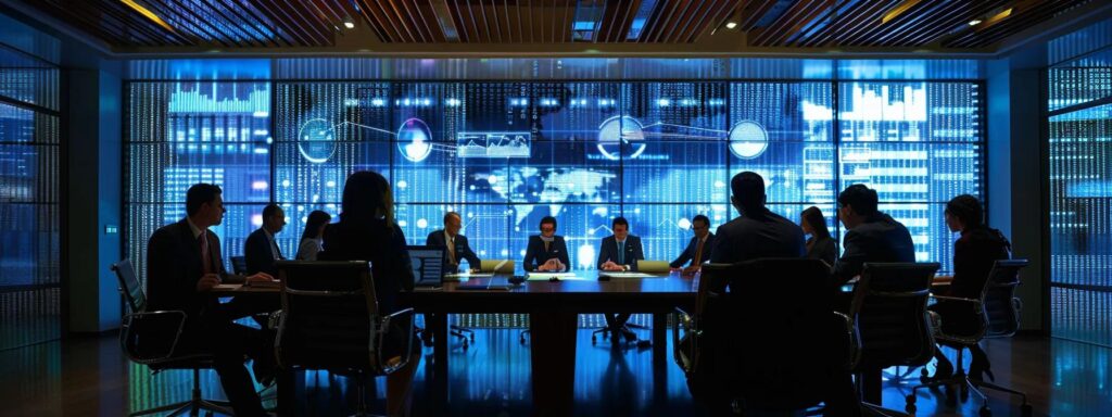 a focused group of it professionals collaborates around a sleek conference table, displaying vibrant digital dashboards and server models on high-tech screens, emphasizing strategic discussions on selecting the ideal managed services company.