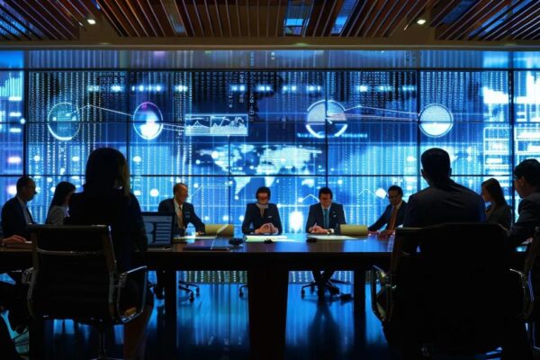 a focused group of it professionals collaborates around a sleek conference table, displaying vibrant digital dashboards and server models on high-tech screens, emphasizing strategic discussions on selecting the ideal managed services company.