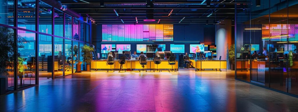 a focused team of it professionals collaborate around sleek, modern servers in a high-tech office, illuminated by vibrant led displays showcasing cybersecurity data and analytics.