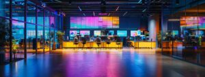 a focused team of it professionals collaborate around sleek, modern servers in a high-tech office, illuminated by vibrant led displays showcasing cybersecurity data and analytics.