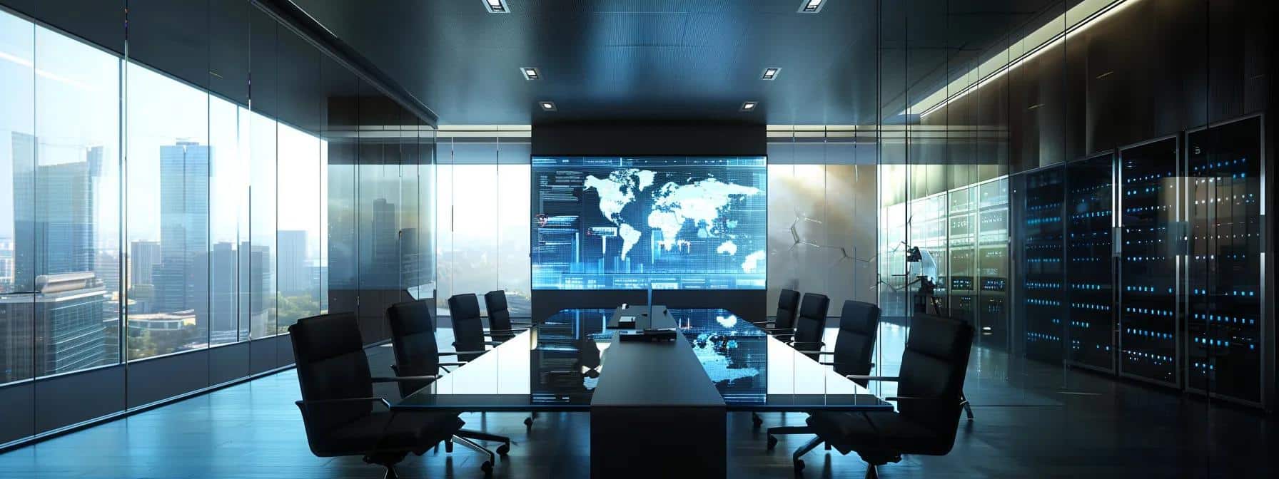 a modern office environment showcases a diverse team of it professionals collaborating around a sleek conference table, analyzing a digital screen displaying key metrics and outcomes from managed it services, with sophisticated servers in the background to emphasize technology and teamwork.