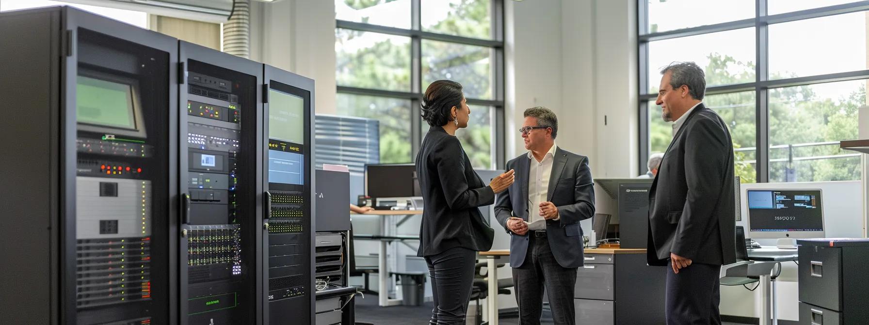 a modern office setting showcases a dynamic team of it professionals engaged in a collaborative discussion around sleek, high-tech servers, emphasizing the efficiency and cost-saving impact of managed services on business growth.