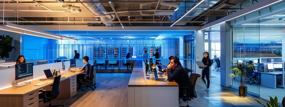 a modern office setting showcases a diverse group of it professionals collaborating over a sleek workstation filled with servers, illuminated by vibrant blue and white led lighting that reflects the dynamic and efficient nature of managed it services.