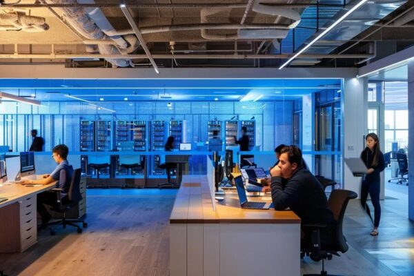 a modern office setting showcases a diverse group of it professionals collaborating over a sleek workstation filled with servers, illuminated by vibrant blue and white led lighting that reflects the dynamic and efficient nature of managed it services.