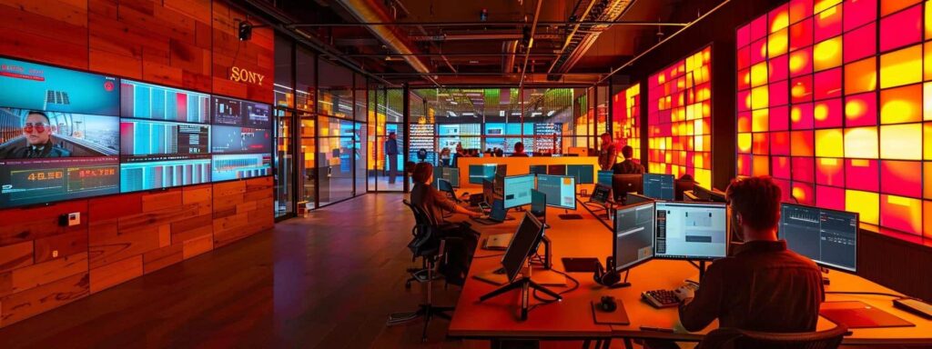 a modern office space features diverse it professionals collaboratively analyzing complex server data on multiple screens, illuminated by warm artificial lighting that highlights their focused expressions.