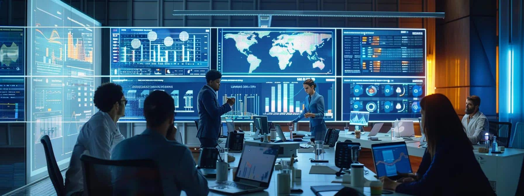 a modern office space vibrantly showcases a diverse group of it professionals engaged in a collaborative discussion around digital displays of a comparison table highlighting the benefits of managed it support services over conventional in-house it operations, illuminated by sleek overhead lighting.