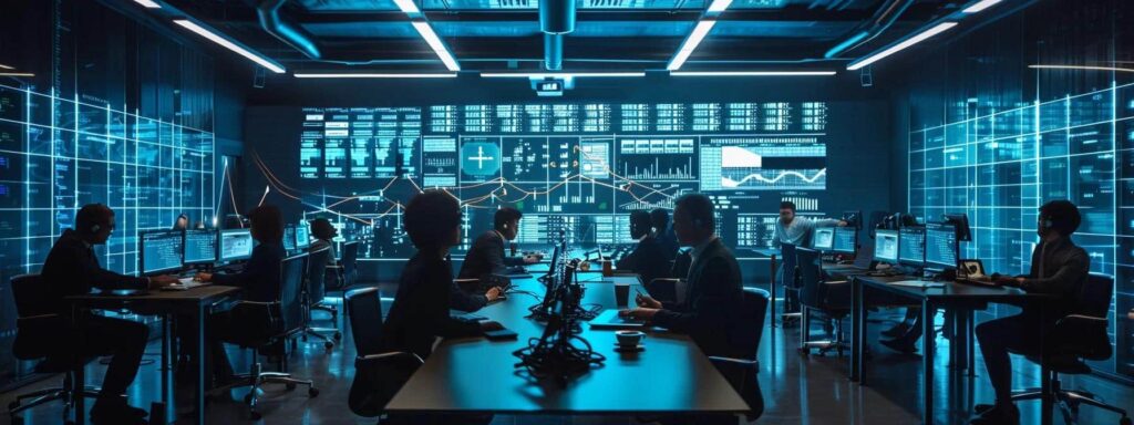 a sleek, modern office environment showcases a diverse group of it professionals engaged in dynamic collaboration around a central table filled with high-tech servers and digital devices, symbolizing the contrasts of on-site versus remote it managed services.