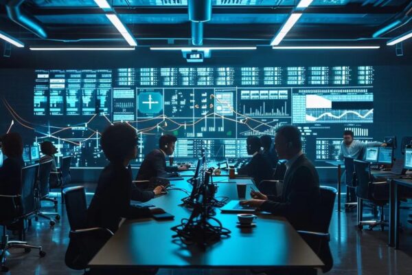 a sleek, modern office environment showcases a diverse group of it professionals engaged in dynamic collaboration around a central table filled with high-tech servers and digital devices, symbolizing the contrasts of on-site versus remote it managed services.