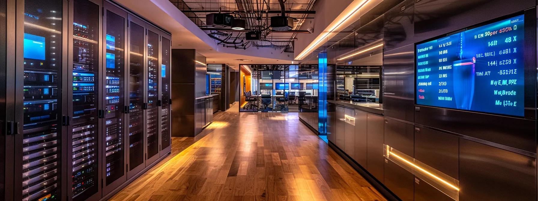 a sleek, modern office environment showcasing it professionals intensely collaborating around advanced server racks, illuminated by dynamic led screens displaying real-time network analytics and performance metrics, symbolizing enhanced operational efficiency and streamlined productivity.