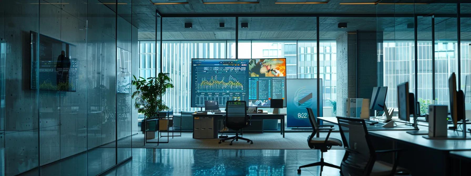 a sleek, modern office environment showcasing it professionals engaged in collaborative discussions over large monitors displaying real-time data analytics and network performance metrics, highlighting the efficiency and connectivity of remote it managed services.