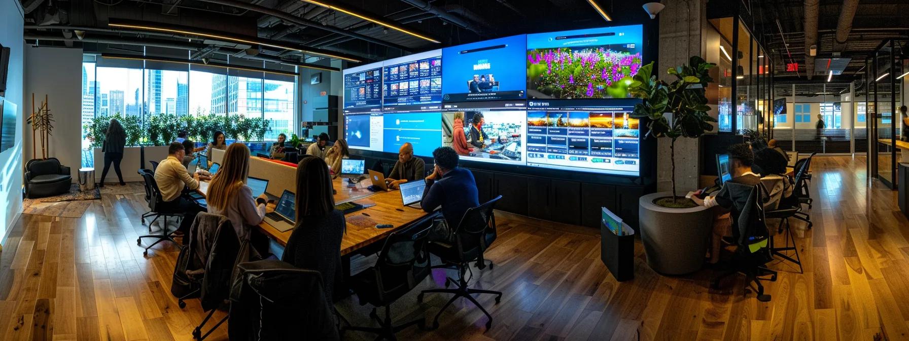 a sleek, modern office filled with diverse it professionals collaborating around advanced cybersecurity tools displayed on multiple high-resolution screens, showcasing real-time data analytics and threat detection in a dynamic and secure digital environment.