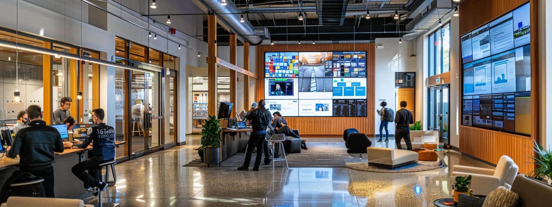 a sleek, modern office space bustling with it professionals engaged in collaborative discussions while analyzing a digital dashboard showcasing the benefits of it managed services on a large screen.