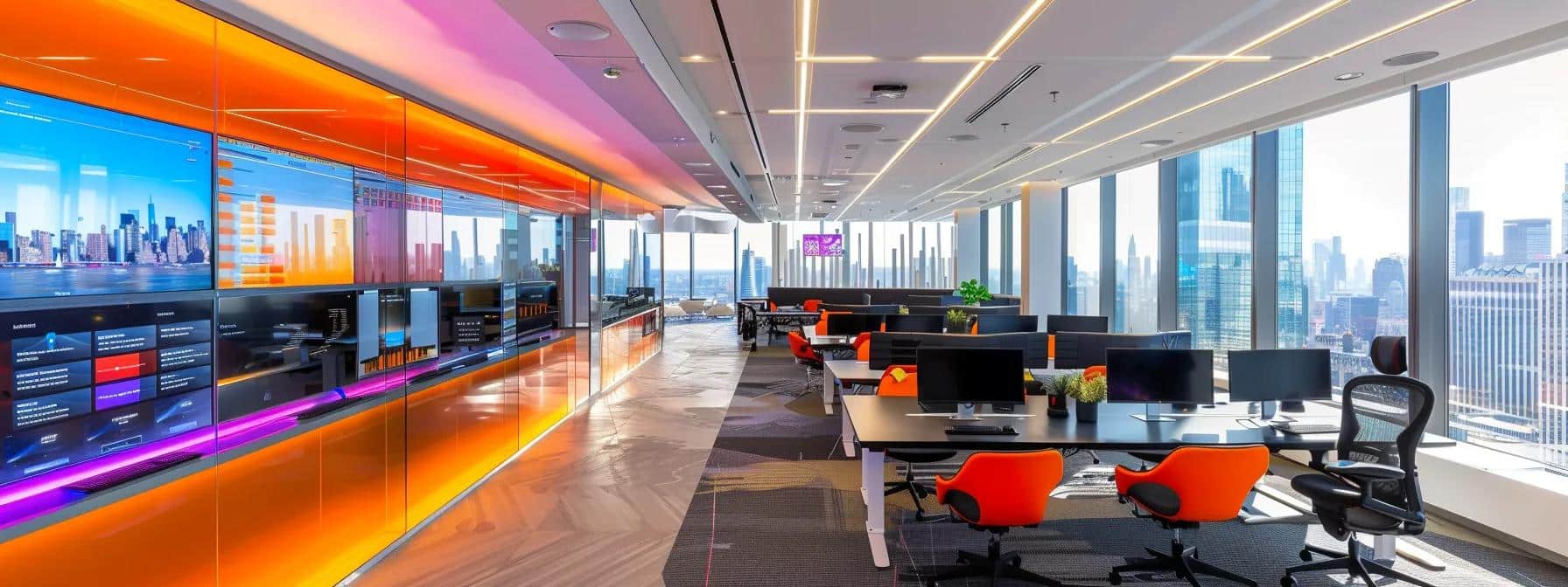 a sleek, modern office space filled with it professionals collaborating over dual-monitor setups, showcasing vibrant digital dashboards displaying real-time data analytics and network performance metrics, while engaging in a video conference on a high-tech collaboration platform.