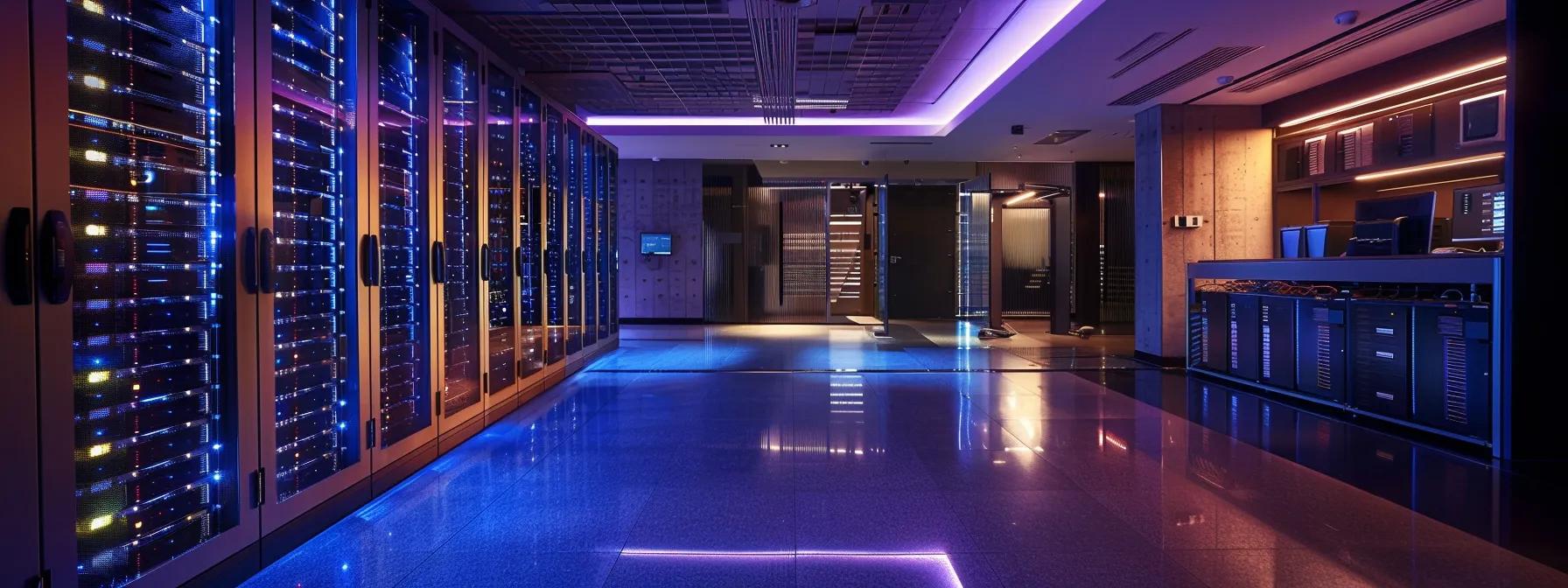 a sleek, modern office space filled with it professionals collaborating around state-of-the-art servers and advanced cybersecurity displays, emphasizing the impact of technological infrastructure on service costs.